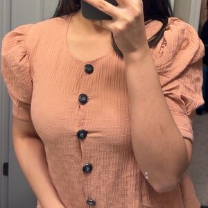 Peach Puff Sleeve Button Dress